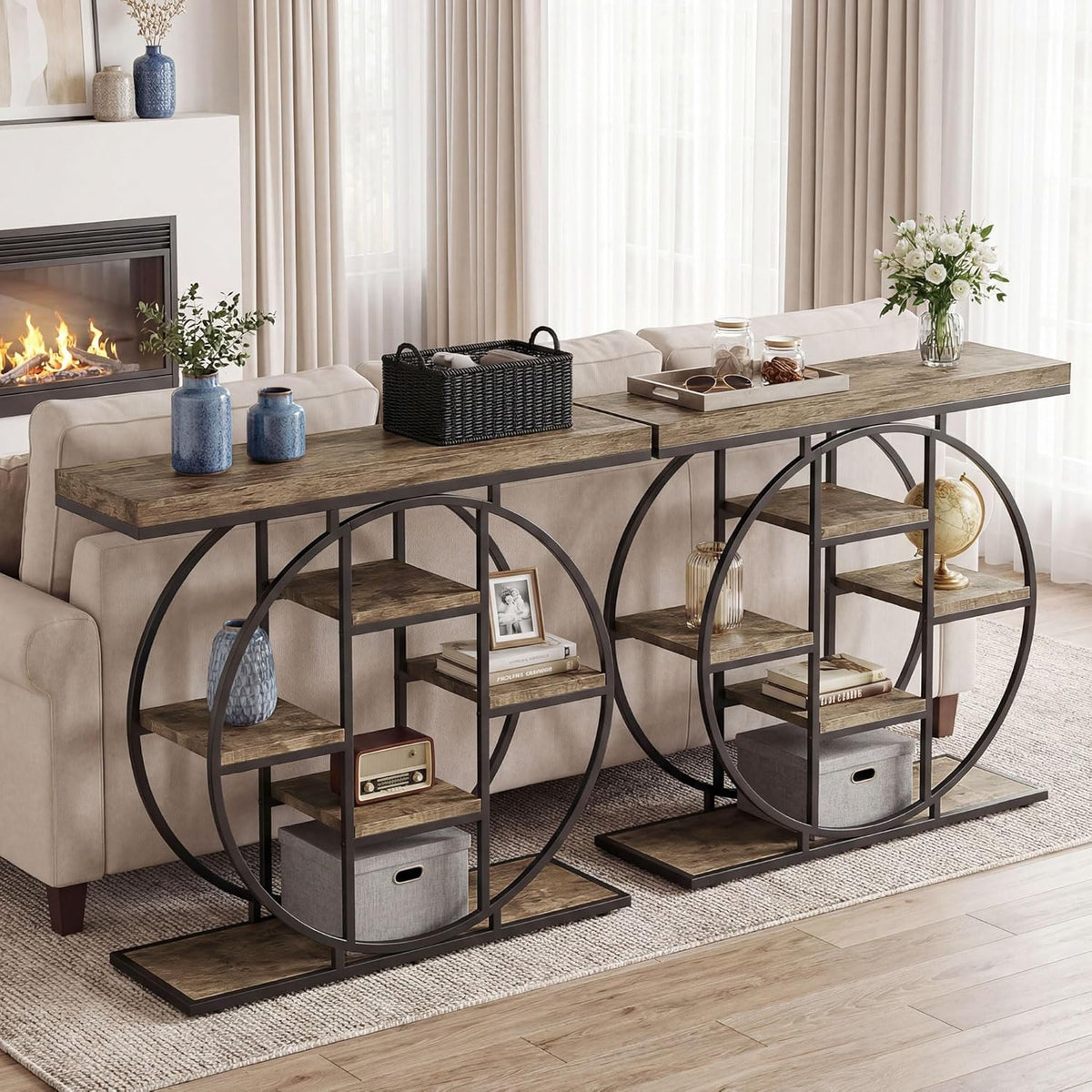 HOMCOM Entryway Table, 39.4" Console Sofa Table with Storage Shelves and Circle Steel Frame, Narrow Wood Accent Tables for Entrance, Hallway, Foyer, Living Room, Rustic Oak
