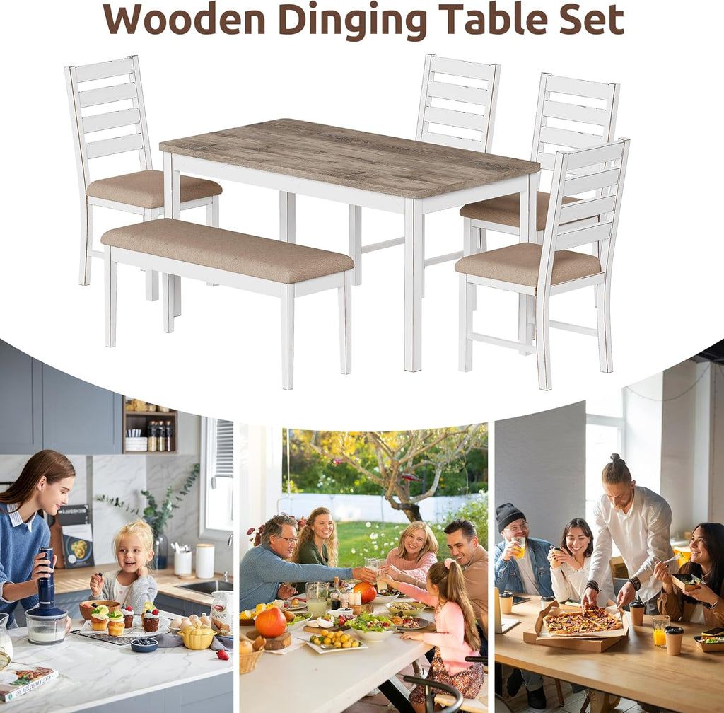 59" Dining Table Set Farmhouse Rectangular White Kitchen Room Table & Chairs Set Solid Wood Stable Space Saving Easy Clean (1 Bench& 4 Chairs)