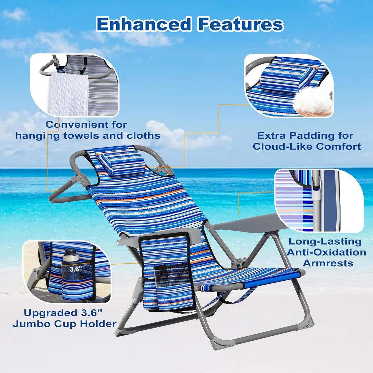 DIAMONDFORGE 2 Pack Lightweight Portable Beach Chair for Adults, 350 LBS Capacity Backpack Beach Chair, Reclining Beach Chair with 5-Position Lay Flat, Large Cup Holder for Beach Camping Sports