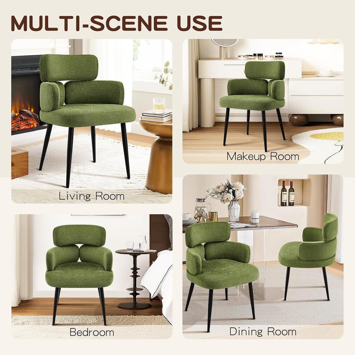 Accent Dining Chair with Arms,Set of 2 Modern Upholstered Desk Chair with Soft Fabric Black Metal Legs, Comfy Spacious Seat & Back for Dining Room/Living Room/Bedroom, Green