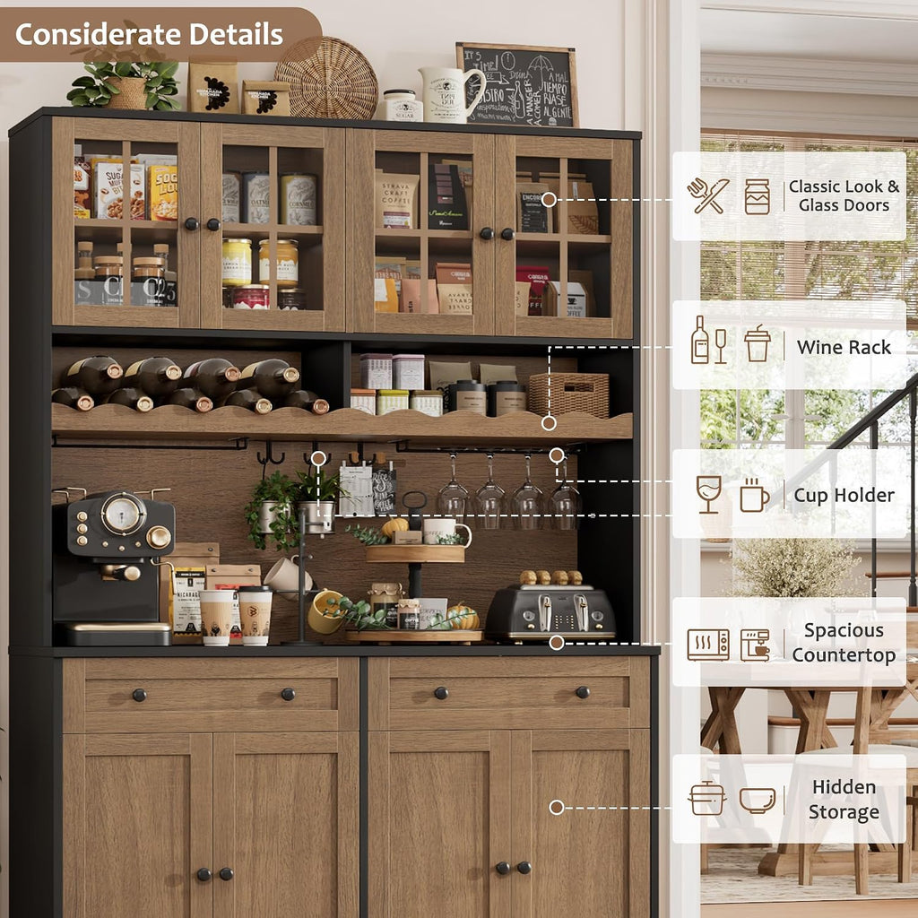 HOSTACK 75" Kitchen Pantry Storage Cabinet, Coffee Bar Hutch Cabinet, Brown | Tall Pantry Cabinet with Charging Station / Wide Countertop / Glass Doors / Wine Rack / Cup Holder / Drawers, Dining Room