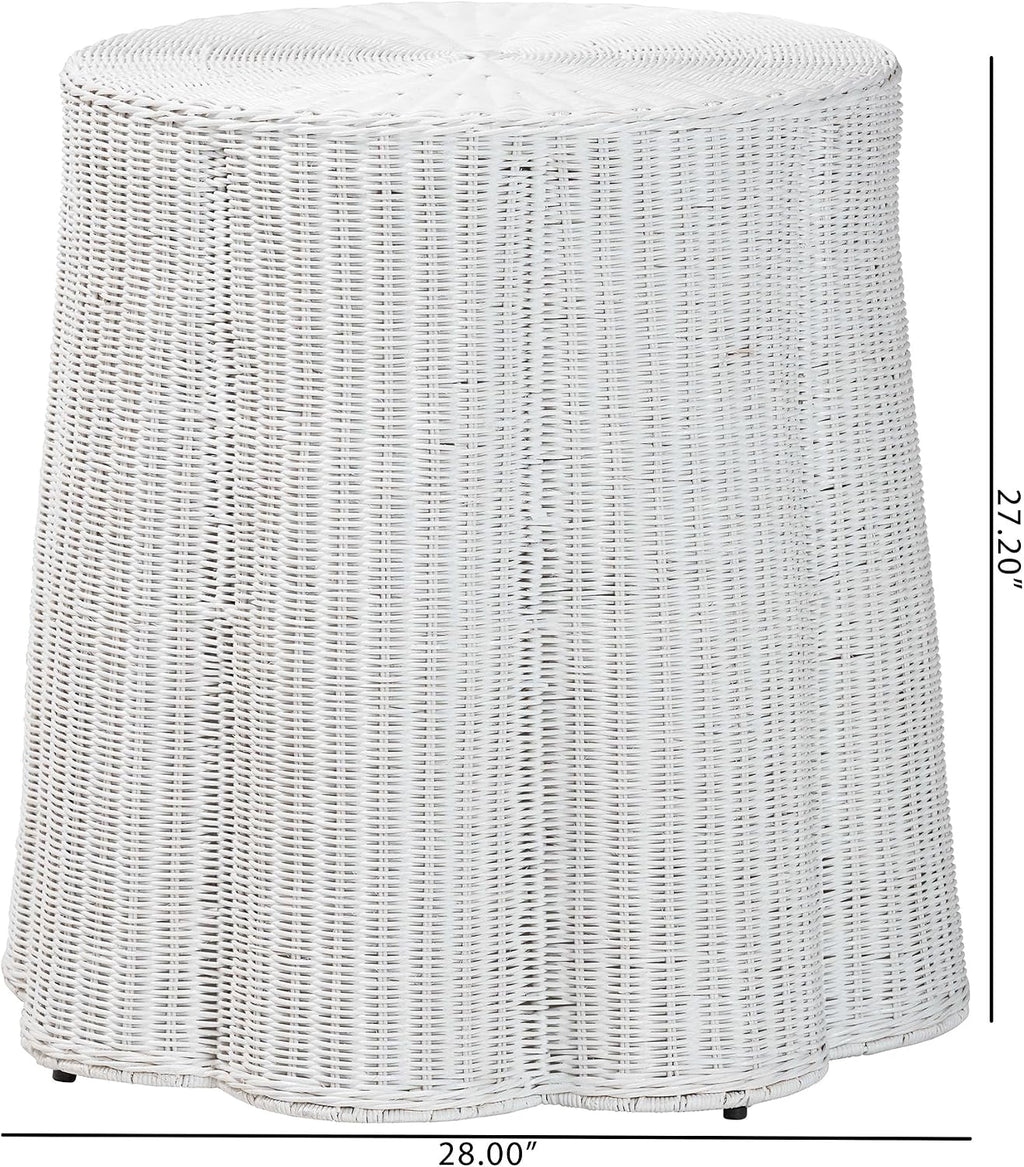bali & pari Palm Bohemian White Scalloped Rattan End Table