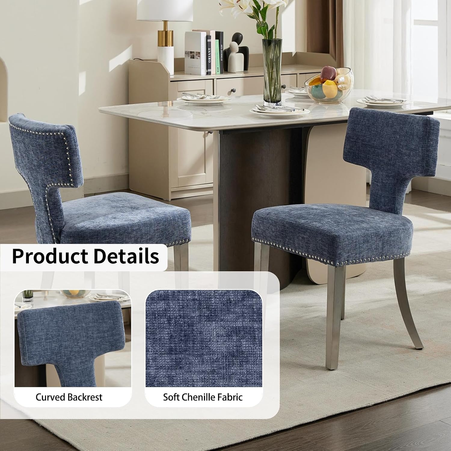 Shenyon Mid Century Modern Dining Chairs Set of 6, Chenille Fabric Upholstered Dining Room Chairs Curved Backrest with Nailhead Trim, Kitchen Chairs with Silver Stainless Steel Legs, Blue