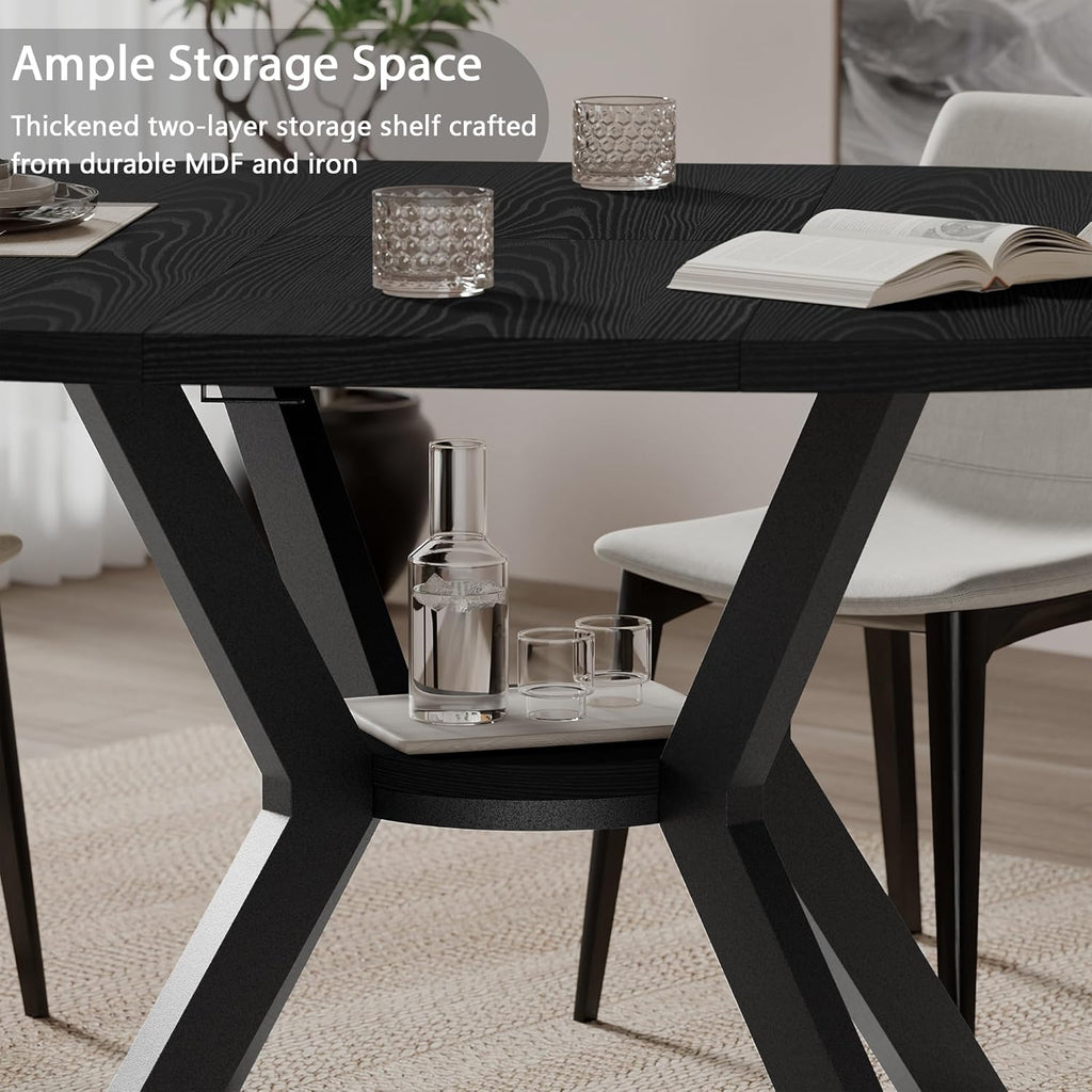 42"-58" Extendable Round Dining Table with Built-in Flip Leaf, Modern Oval Kitchen Table for 4-6, Space-Saving Small Room Furniture with Storage Shelf and X-Shaped Metal Base for Kitchen, Dining Room
