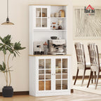 HOMCOM Kitchen Pantry Storage Cabinet 72" with Hutch, White | Large Countertop, Freestanding, Glass Doors, Adjustable Shelves, Dining Room