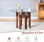 Round Dining Table,46 Inch Glass Kitchen Dining Room Table with Wooden Walnut Pedestal Base,Modern Circle Clear Glass Top 4-6 Person Dinner Table for Small Spaces Home/Apartment