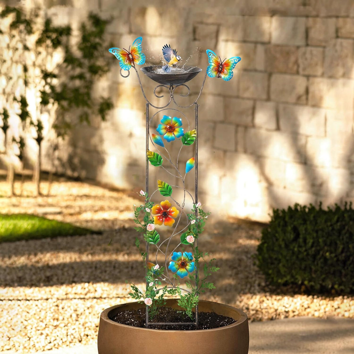 SUNNYPARK Bird Bath with Trellis Outdoor, Antique Garden Iron Plant Trellis with Decorative Floral-Butterflies Detachable Bird Bath Bowl Metal Potted Plants Support for Climbing Flowers