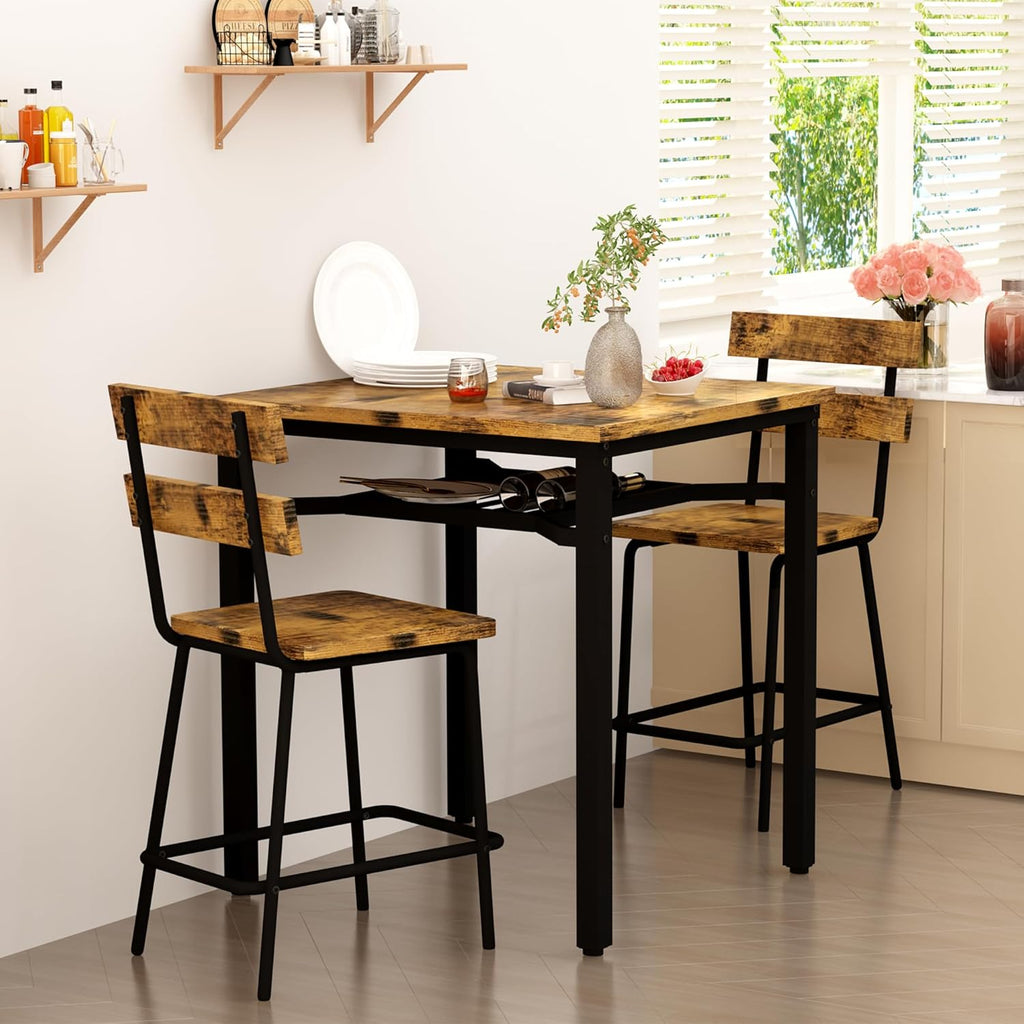 Hooseng 3 Piece Bar Table and Chairs Set, Counter Height Small Dining Table with 2 Bar Stools, Farmhouse Square Kitchen Table with Storage for Bistro, Pub, Small Space