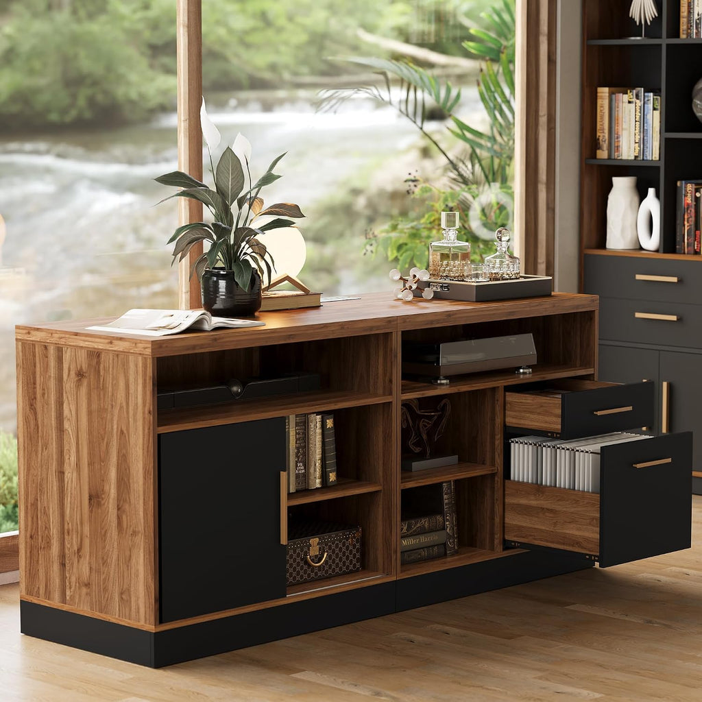 ModernMate 63" Lateral File Cabinet with Lock,2-Drawer Home Office Storage | File Cabinets for A4 / Letter Documents, Wide Credenza w/ Built-in Power Outlet, Fashion TV Stand Organizer, Black Walnut