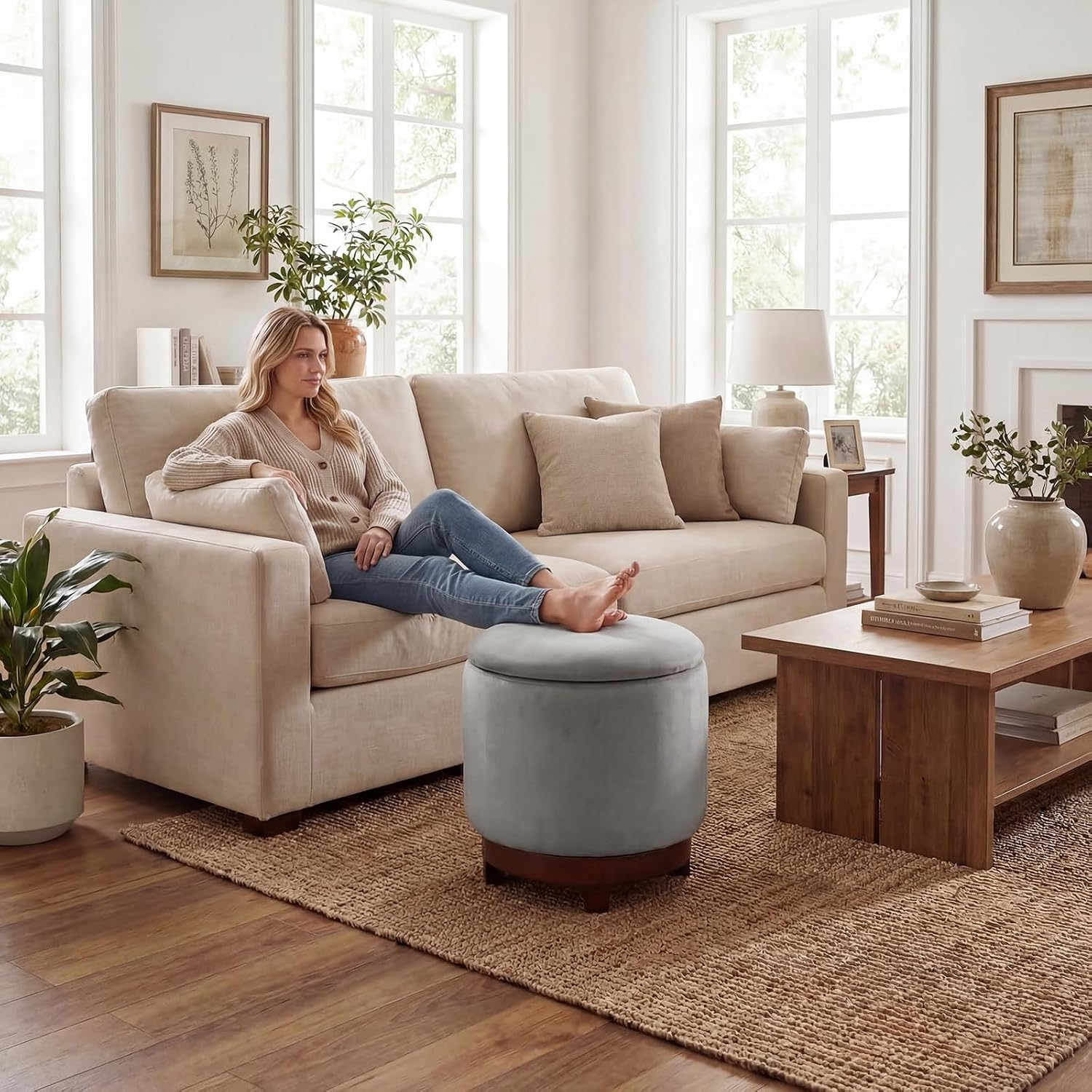 Giantex Round Ottoman with Storage, 360° Swivel Velvet Vanity Stool with Removable Lid, Wood Frame & Legs, Ottoman Foot Rest for Living Room, Bedroom, Makeup Room No Assembly (Gray & Walnut)