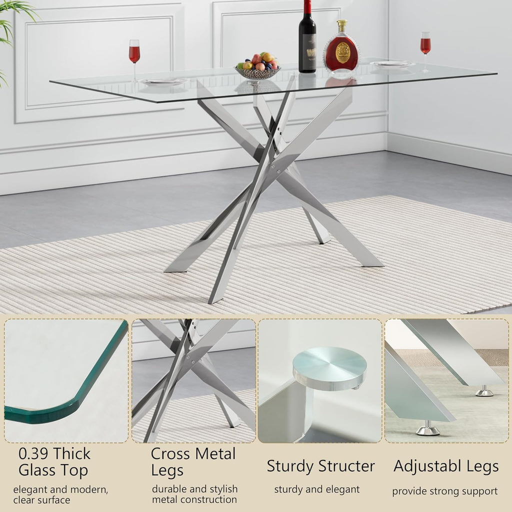 Rectangle Glass Dining Table Set for 4, 60'' Kitchen Table and Chairs Set, 5PCS Modern Dining Room Table Set with 4 Velvet Dining Chair for Home