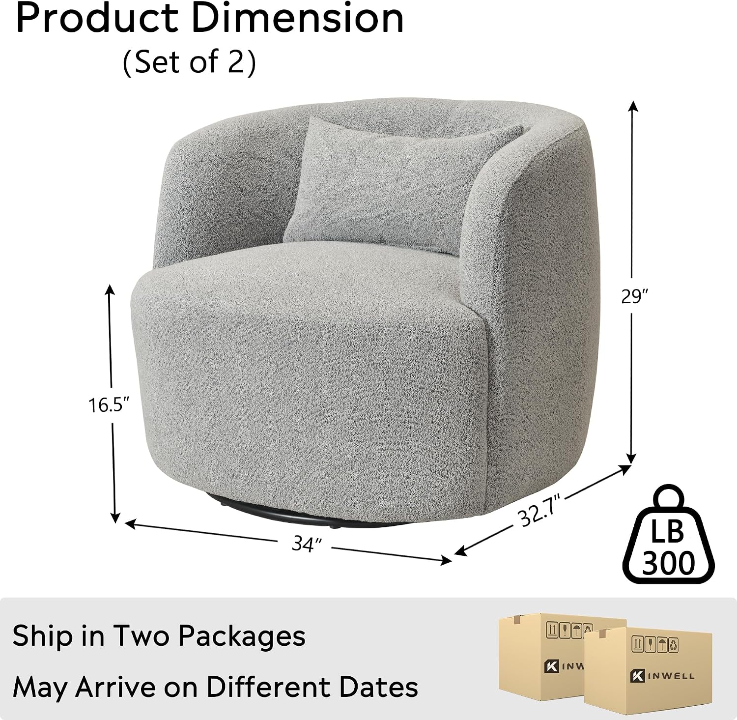 KINWELL 34" Wide Sherpa Swivel Barrel Chairs Set of 2, No Assembly Round Boucle Upholstered Accent Chairs Armchairs Single Sofa Chair with Toss Pillow for Living Room and Bedroom, Gray