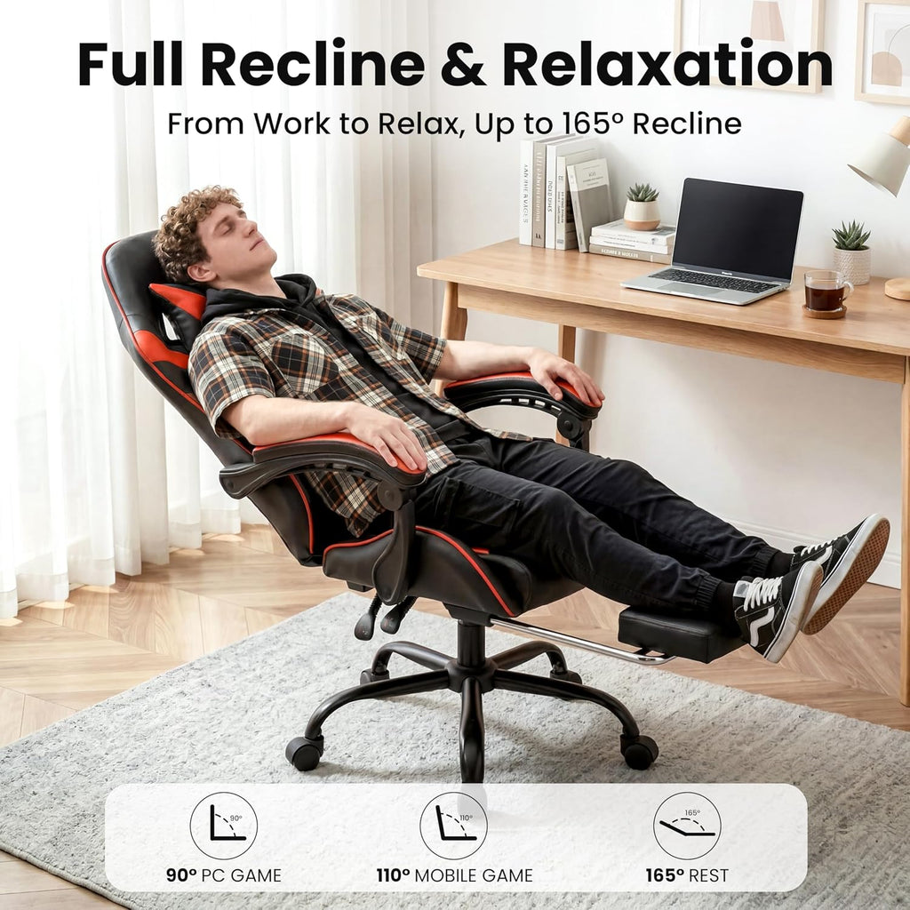 Gaming Chair, Ergonomic Footrest, Lumbar & Headrest(Red Black) | Steel frame, PVC leather & memory foam; 330 lb; 21" seat; 360° swivel, 90–155° recline; easy assembly; gaming & work