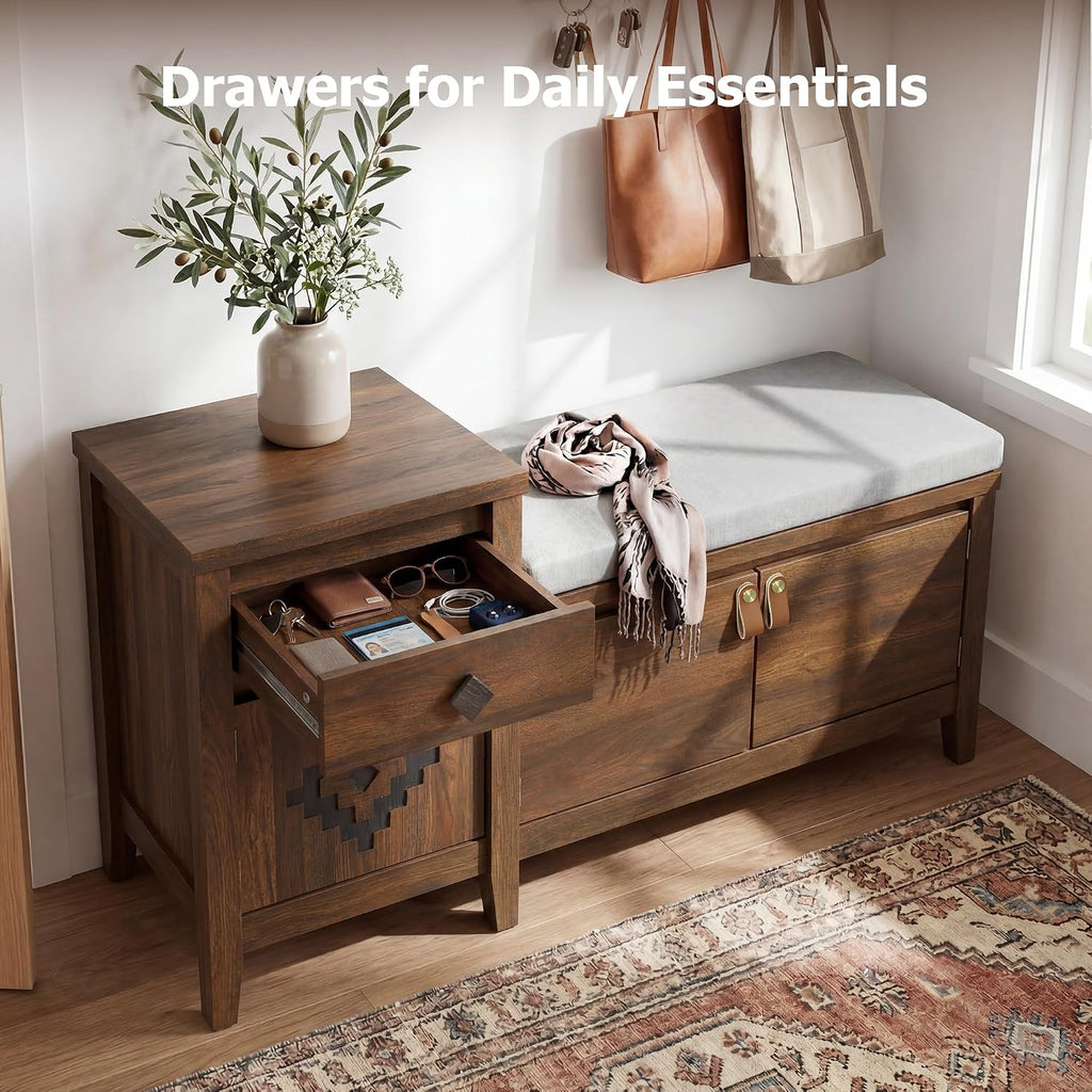 Entryway Bench with Storage, 3 in 1 Storage Bench with 1 Drawer and 2 Cubbies, 44" Rustic Wooden Seat with Cushion for Living Room, Bedroom, Entry Hall (Walnut)