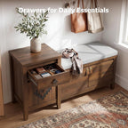 Entryway Bench with Storage, 3 in 1 Storage Bench with 1 Drawer and 2 Cubbies, 44" Rustic Wooden Seat with Cushion for Living Room, Bedroom, Entry Hall (Walnut)