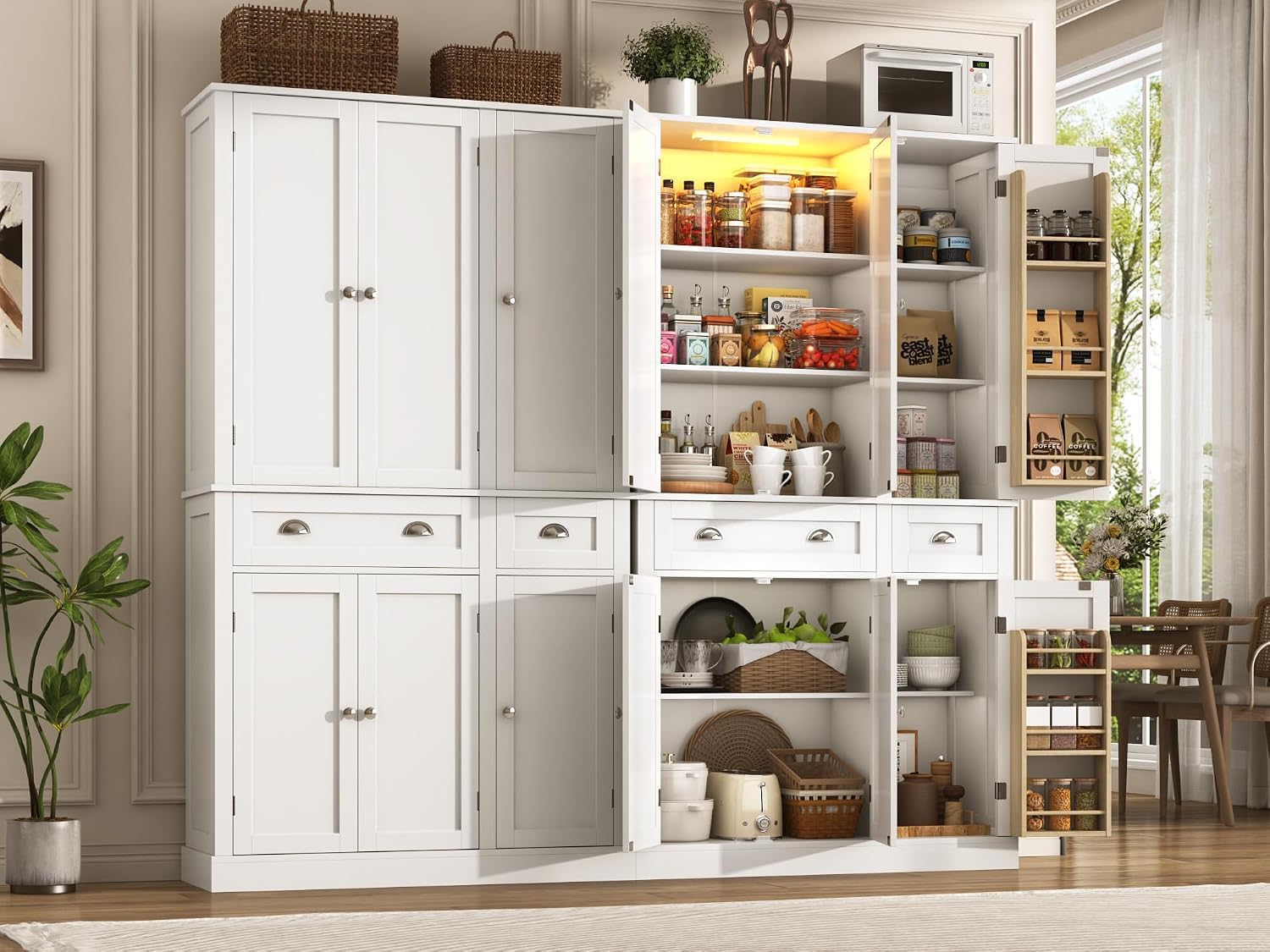 71"H Tall Kitchen Pantry Cabinet with LED Lights,39"W Modern Large Kitchen Hutch Cabinet w/6 Door Shelves,2 Large Drawer,Freestanding Food Pantry w/Adjustable Shelves for Kitchen,Dining Room,White