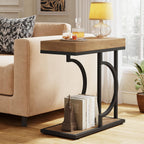Tribesigns Narrow Side Table C Shaped End Table Modern Bedside Tables for Couch, Small Sofa Chairside Tables with Metal Frame for Living Room (2, Natural+Black)