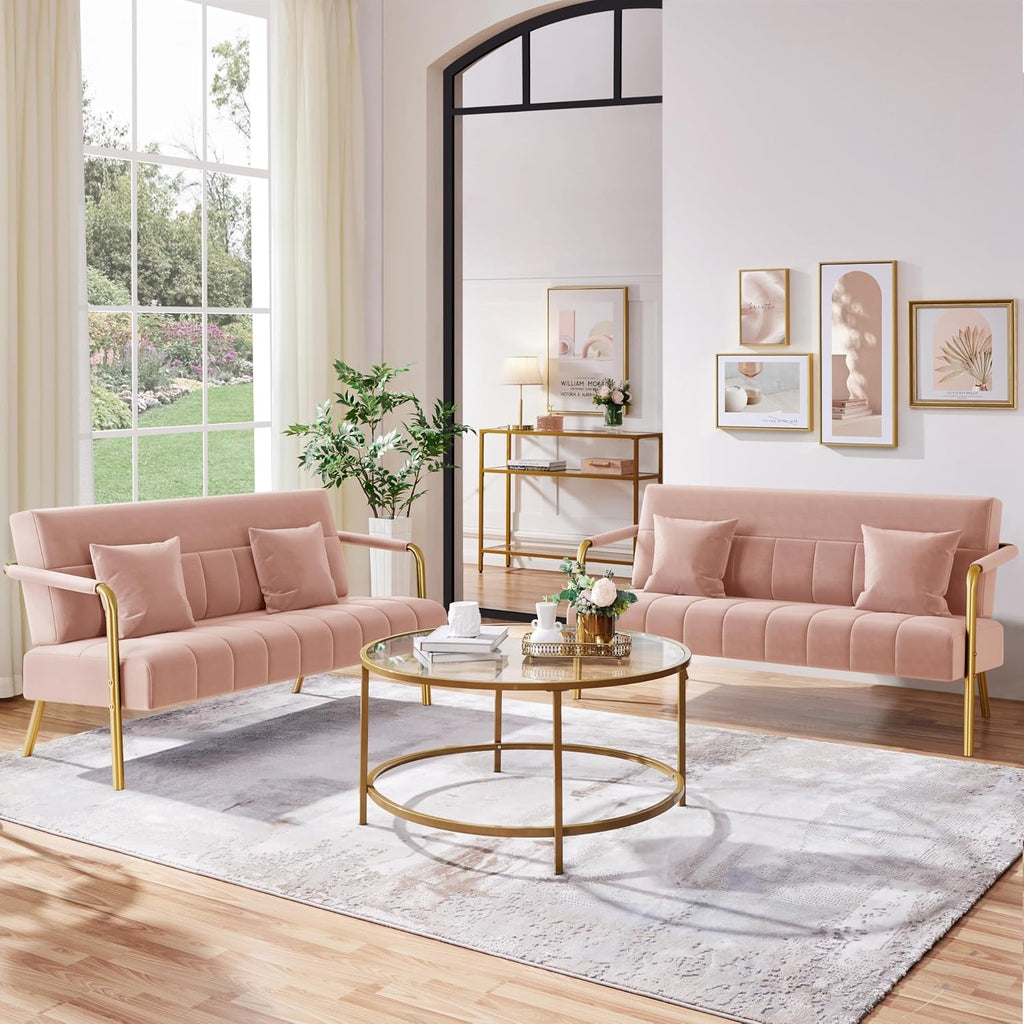 Yaheetech 56.5" Smal Sofa 2 Seater Couch with Gold-Tone Legs, Pink | Small Sofa Loveseat Velve 2 Seater Couch with Tufted Back Gold Metal Frame 2 Pillows for Office, Studio,Living Room