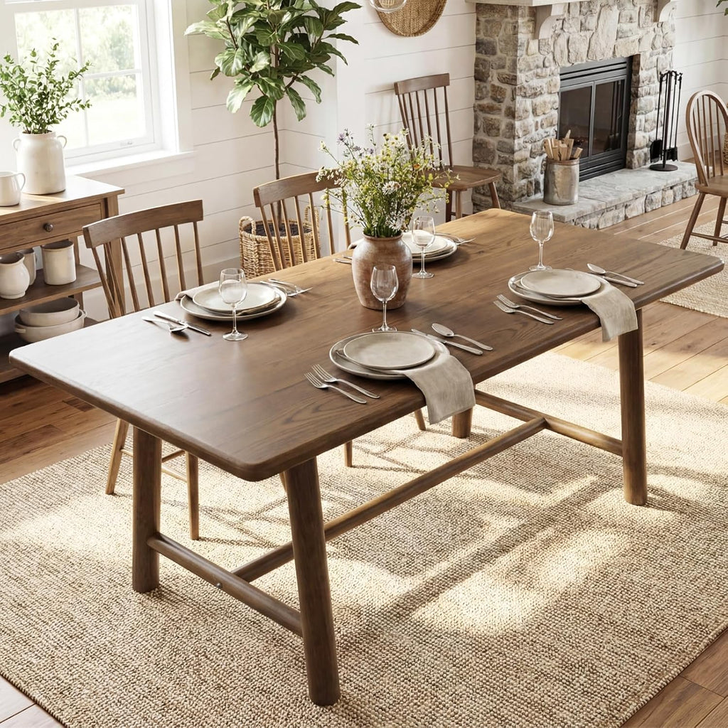Ya-Home Walnut Dining Table, 69" Wood Kitchen Table with Solid Wood Legs, Seats 4-6, Modern Farmhouse Dinner Table for Dining Room Home Office