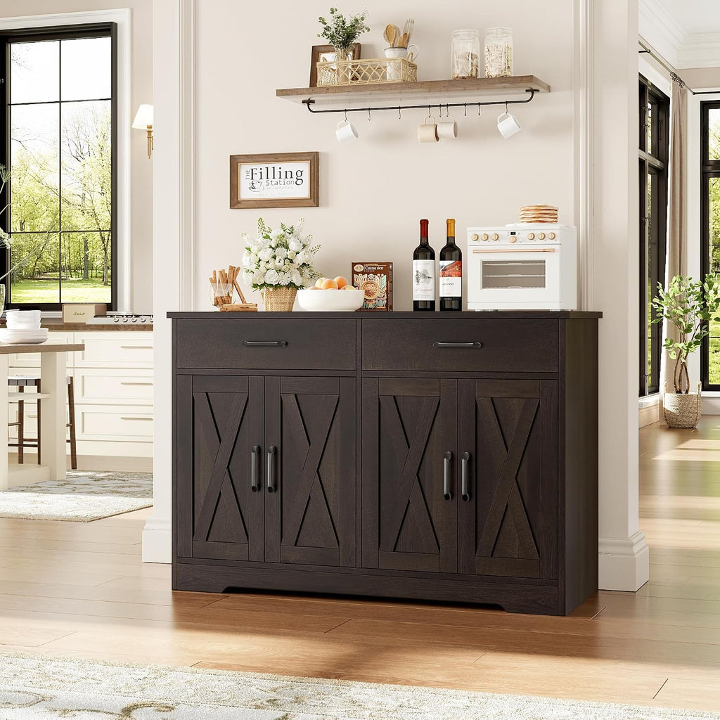 HOSTACK 47" W Kitchen Sideboard Buffet Cabinet with Storage Drawers, Brown | Farmhouse Kitchen Storage Cabinet with Doors and Shelves, Coffee Bar Cabinet, Buffet Table for Living Dining Room
