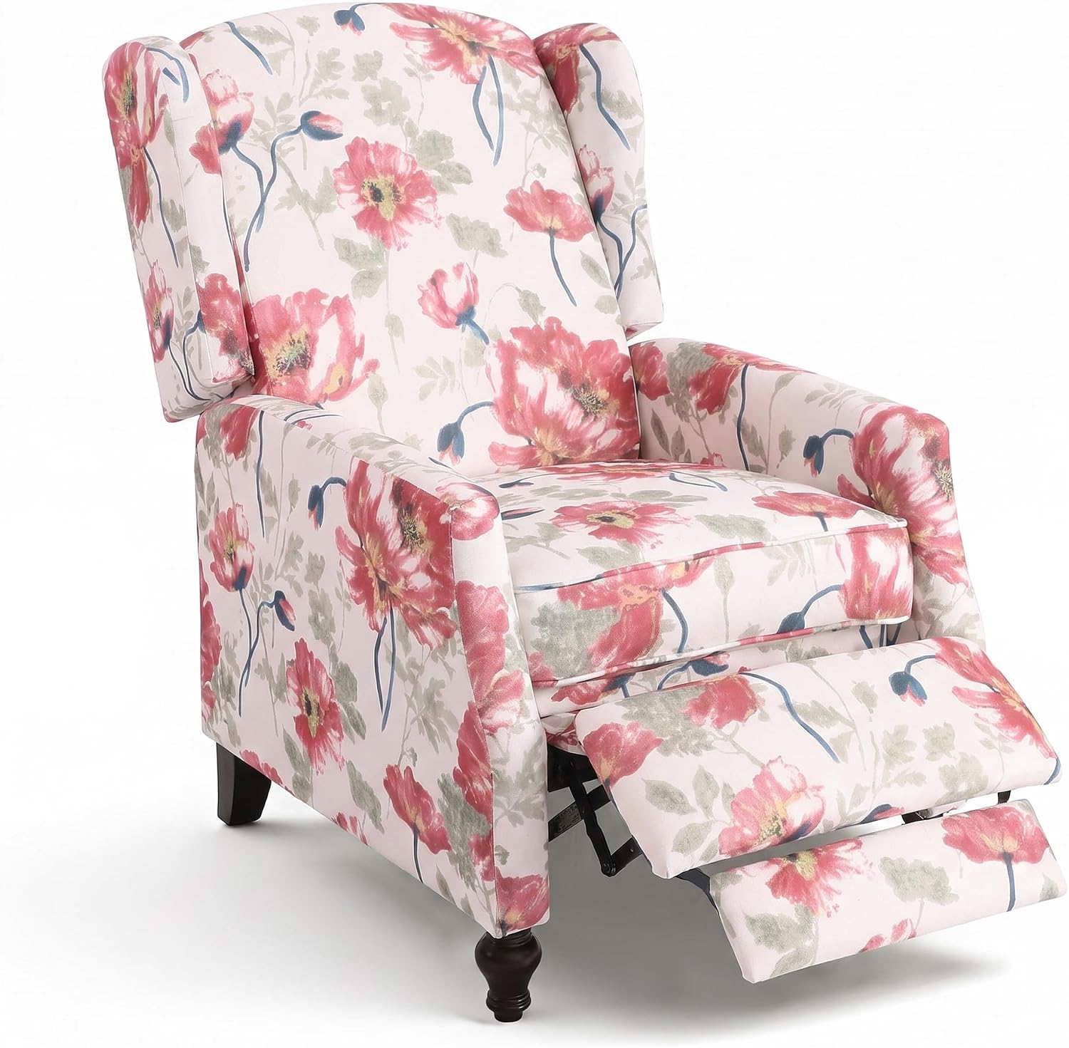 GUEAPY Upholstered Wingback Chair Push Back Recliner for Adults Mid Century Modern Manual Recliner Chair for Living Room, Bedroom (Red Floral, 1PC)