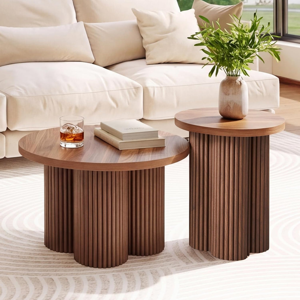 Nesting Coffee Tables Set of 2, Fluted Nesting Tables for Living Room, Multifunctional Round Coffee Table and Side Table Set Wooden Center Tables Small Coffee Table for Small Spaces Balcony