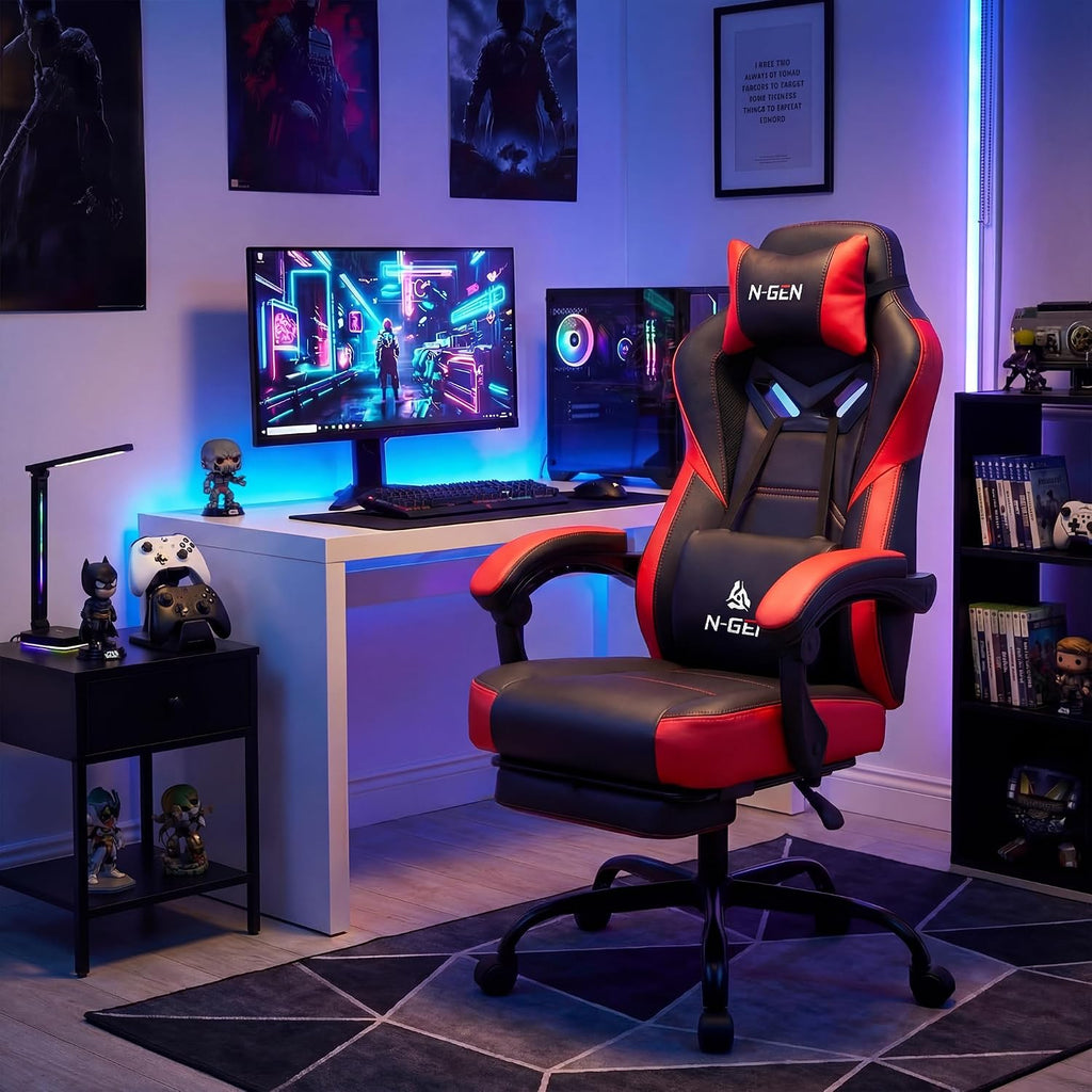 N-GEN GAMING Big & Tall Gaming Chair with Footrest, Lumbar Support, Red | Ergonomic High-Back Chair for Adults, Padded Wide Seat with Heavy-Duty Base, Reclining Comfort for Computer, Office/Home Use