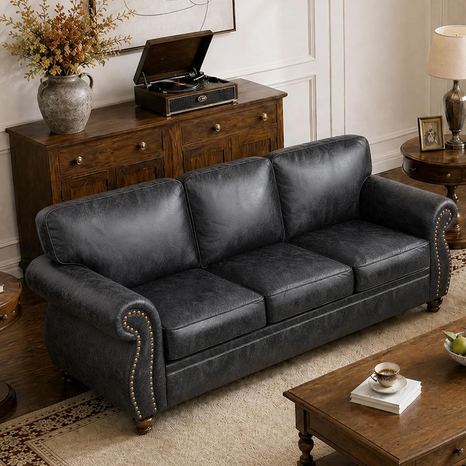 Couchus 88" W 3-Seater Sofa Couch, Faux Leather Fabric Sofas, Grey | Mid-Century Vintage 3-Seater Sofa with Nailhead Trim, Upholstered Couch Set for Living Room Bedroom