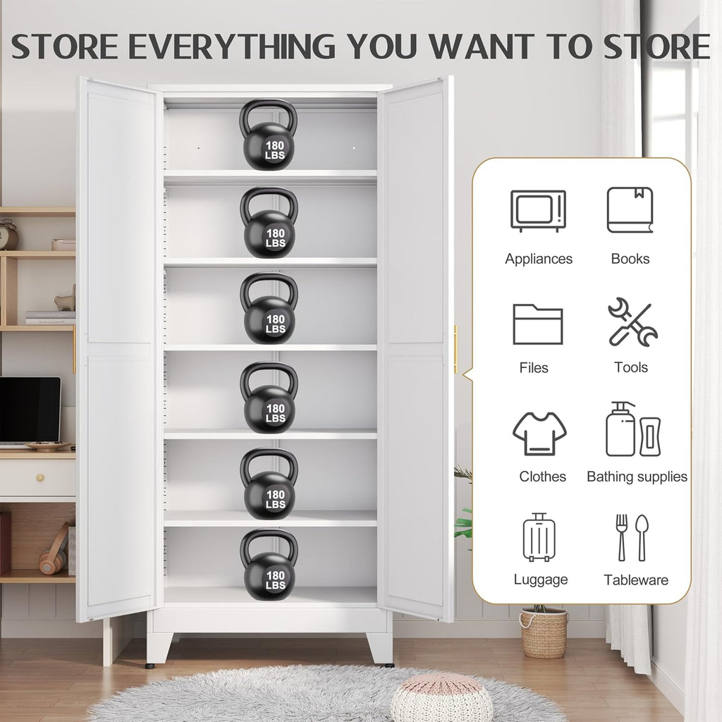 GAIOUS 75.2" Tall Kitchen Pantry Storage Cabinet, Metal File Cabinet with 2 Door and 5 Adjustable Shelves, White Cupboard, Storage Cabinet for Kitchen Office Dining Room Living Room