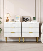 Akxomel Fluted Nightstand Side Table with Charging Station White Bedroom | 3 Drawer Nightstand with Charging Station, Modern Bedside Table, 15.7"D x 23.2"W x 27.5"H, for Bedroom