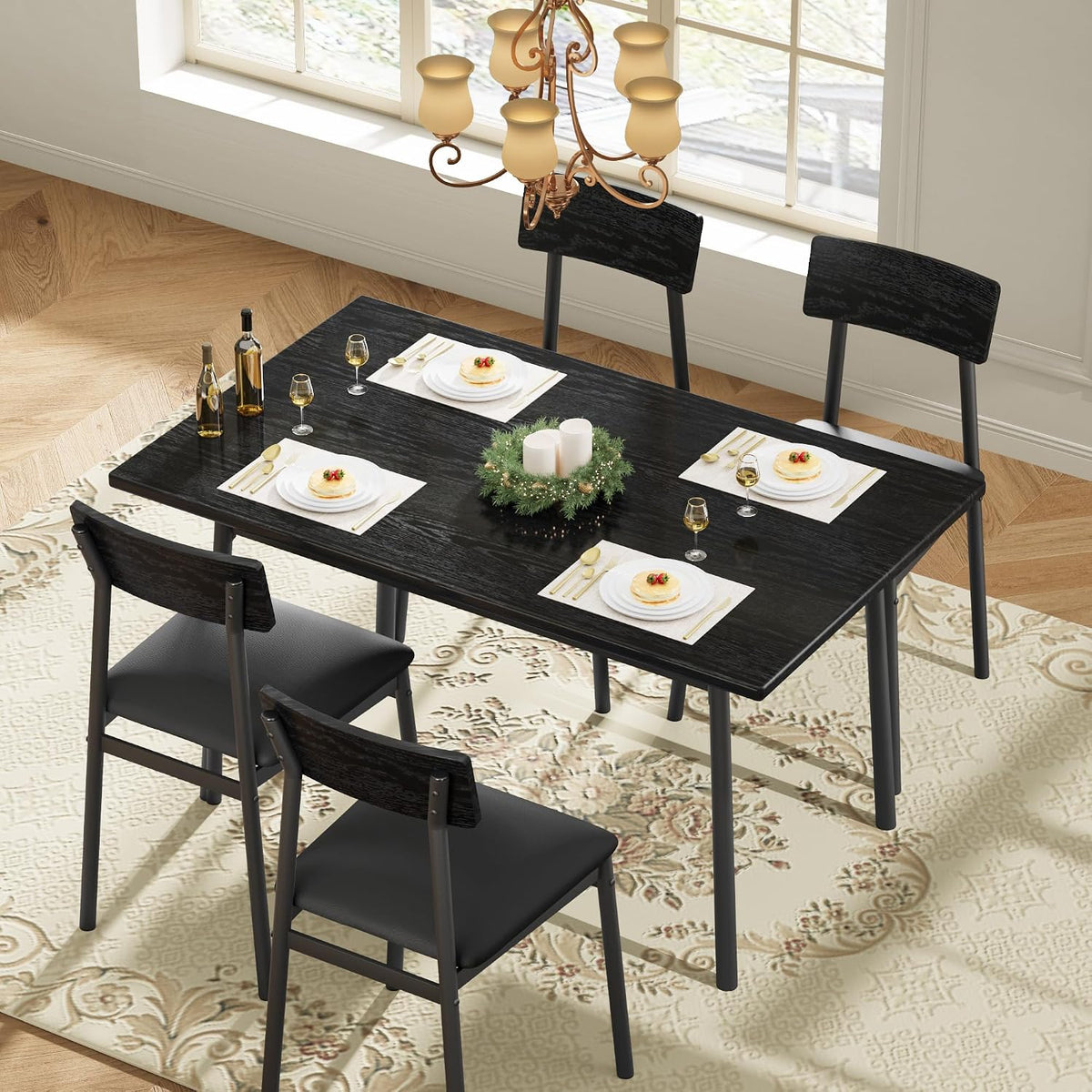 Garvee Dining Table Set for 4 with 4 Upholstered Chairs, Dining Room Table Set for 4 w/Smooth Edge, Wood Kitchen Table Chairs Set of 4 for Dining, Kitchen Room, Apartment, Rustic Blake