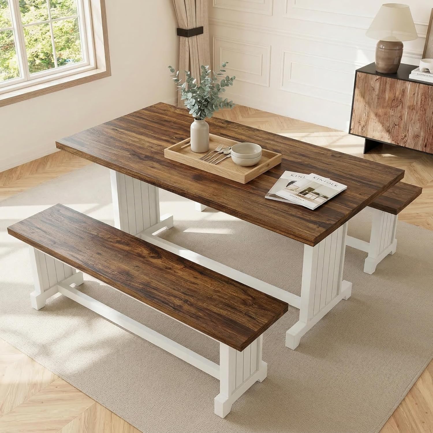 Tribesigns 47" Dining Table Set for 4, 3-Piece Kitchen Room Table with 2 Benches, Farmhouse Wood Dinner Furniture for Small Space, Home Living Room, White & Rustic Brown