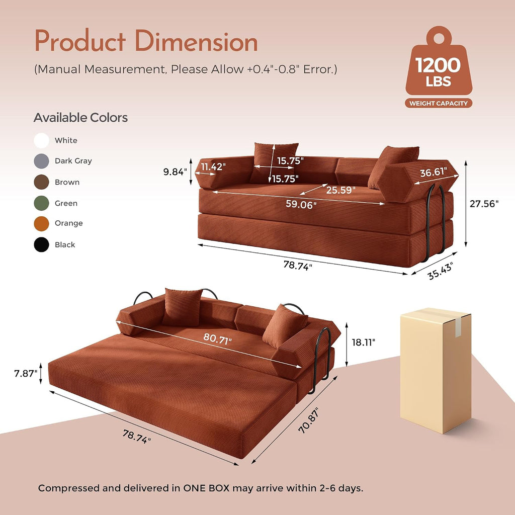 79" Convertible Futon Sofa Bed, Couch for Living Room | Orange | Modular Sleeper Sofa, Corduroy Pull Out Floor Couch Loveseat with Fixed-Shape Frame, No Assembly
