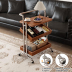 CycleCrew Solid Wood Rolling End Table Cart with Adjustable Storage - 3-Tier Stainless Steel Fame Side Table on Wheels Narrow Bedside Storage Table Small Bar Serving Cart for Living Room