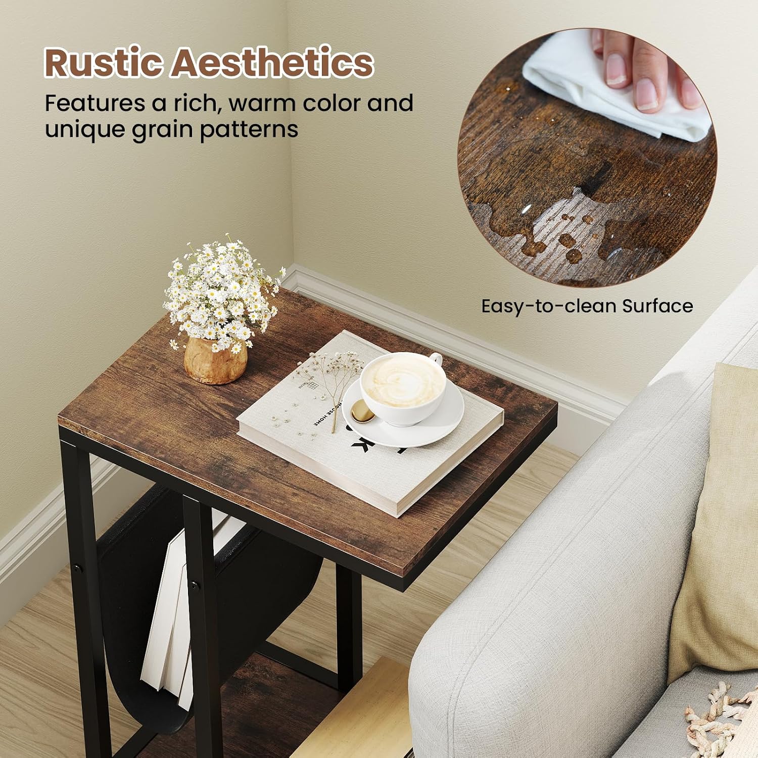 Tangkula Mobile C Shaped Side Table, 2 Tier Sofa Couch Table with Canvas Storage Pouch, Industrial End Table with Metal Frame & 360° Rolling Casters for Living Room, Bedroom
