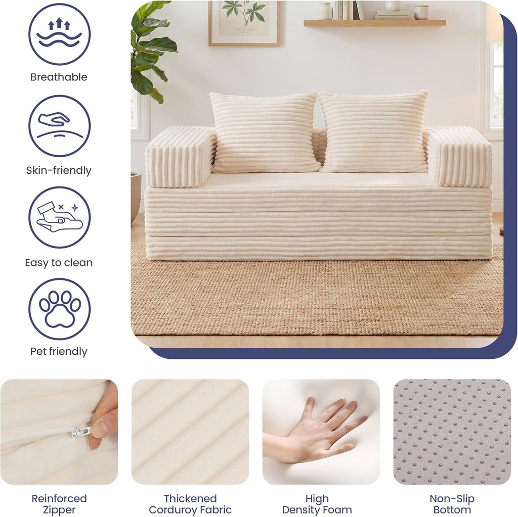 Convertible Sofa Bed, 4-in-1 Loveseat with Removable Armrests Backrest, Corduroy Futon Couch Bed with Pillow, Foldable Mattress Sleeper Sofa for Living Room Bedroom Small Place (Beige)