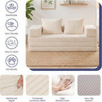 Convertible Sofa Bed, 4-in-1 Loveseat with Removable Armrests Backrest, Corduroy Futon Couch Bed with Pillow, Foldable Mattress Sleeper Sofa for Living Room Bedroom Small Place (Beige)