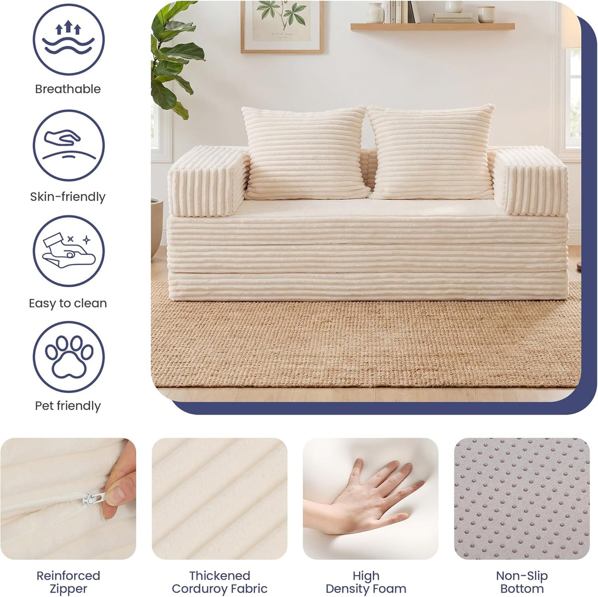 Convertible Sofa Bed, 4-in-1 Loveseat with Removable Armrests Backrest, Corduroy Futon Couch Bed with Pillow, Foldable Mattress Sleeper Sofa for Living Room Bedroom Small Place (Beige)