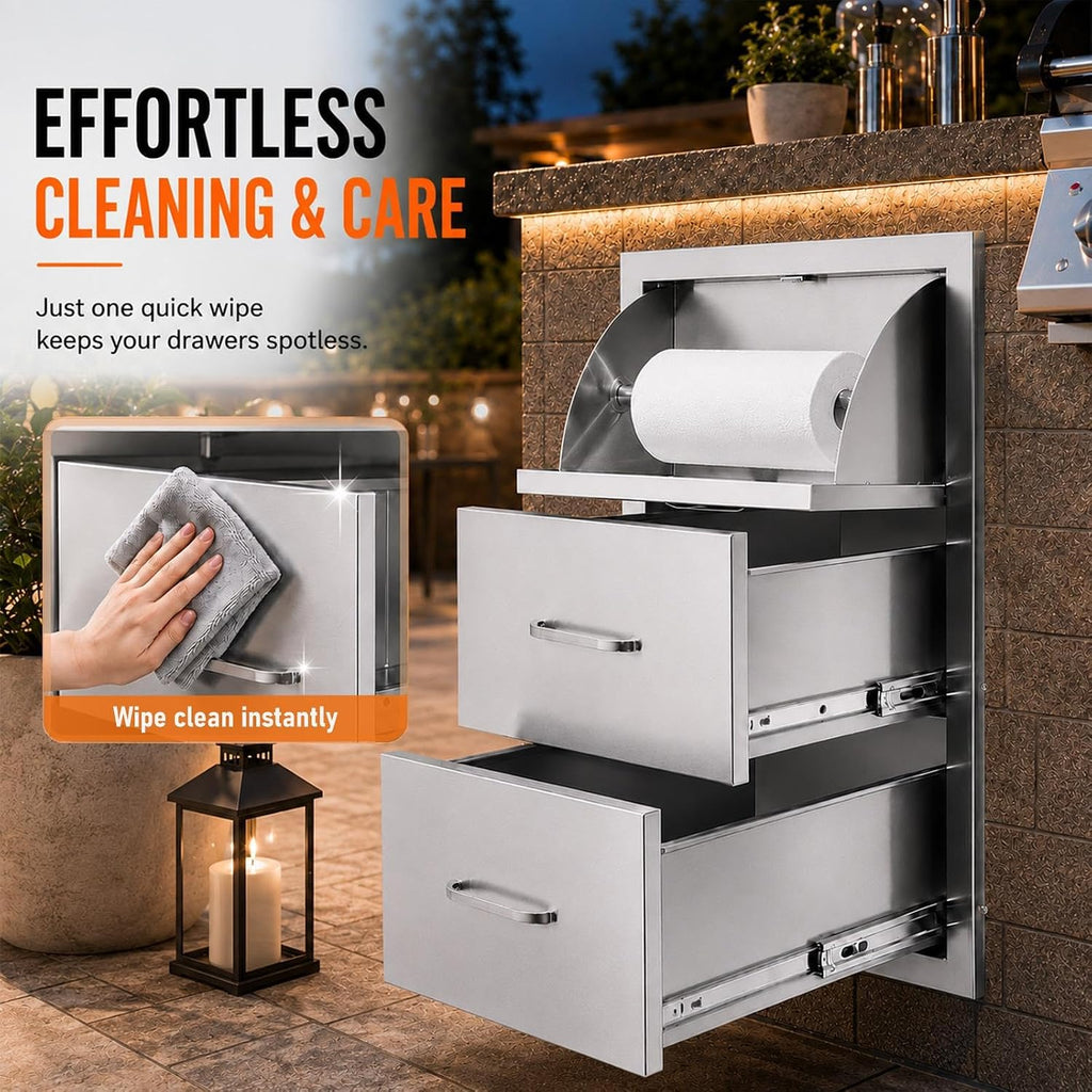 Outdoor Kitchen Drawers, 17" W x 30" H x 21" D Stainless Steel BBQ Drawer with Paper Towel Holder Combo, Flush Mount Triple Access Drawers with Handle for Outdoor Kitchen Island, Patio Grill Station