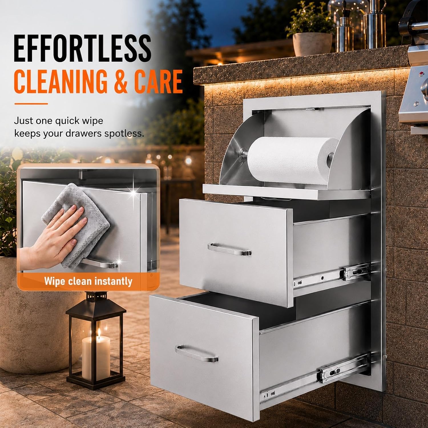 Outdoor Kitchen Drawers, 17" W x 30" H x 21" D Stainless Steel BBQ Drawer with Paper Towel Holder Combo, Flush Mount Triple Access Drawers with Handle for Outdoor Kitchen Island, Patio Grill Station
