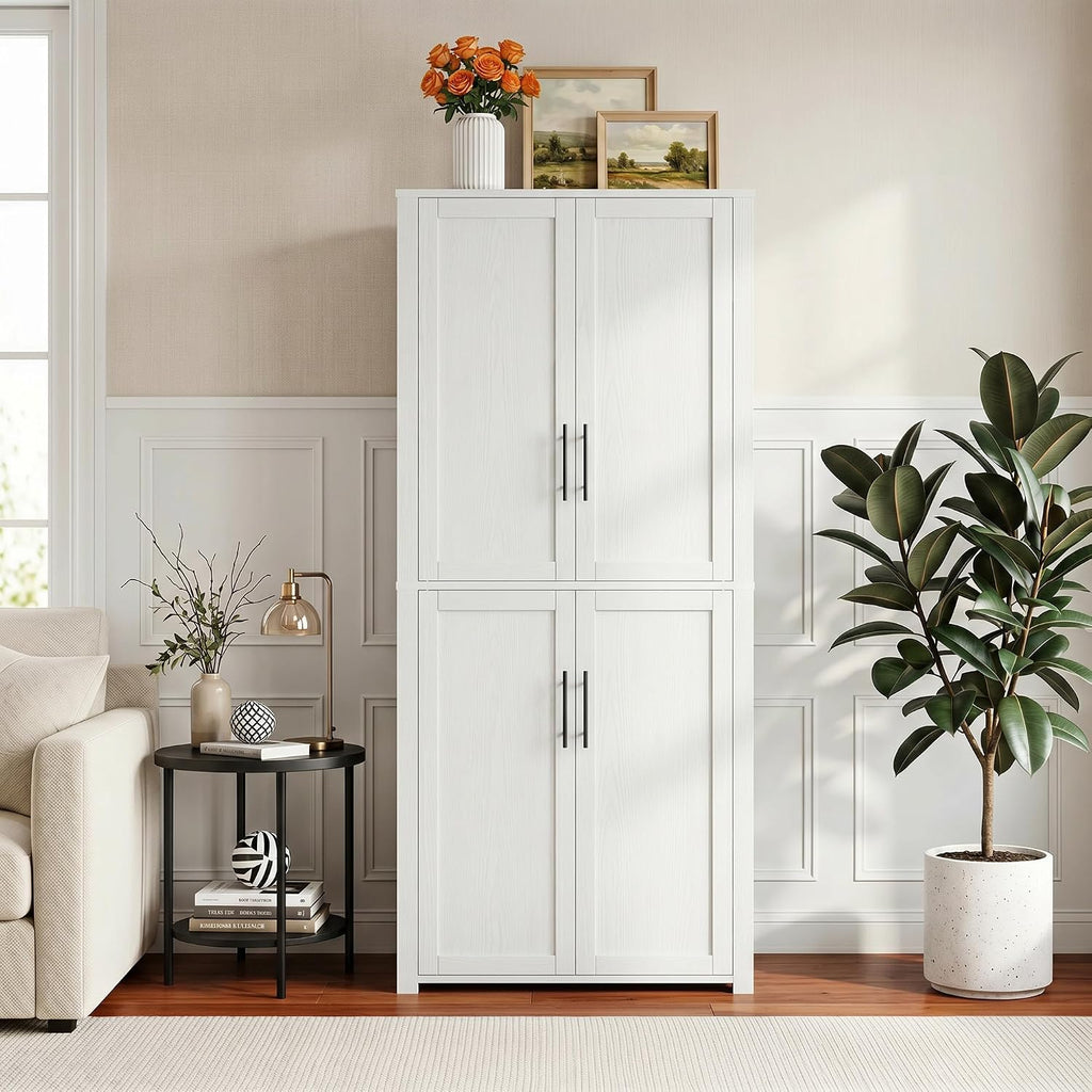 67" Kitchen Pantry Cabinet, 28"W Storage Cabinet for Kitchen, Living Room | 67" x 28" x 15" size, 4 adjustable shelves, engineered wood, anti-tip compatible, Shaker doors, White