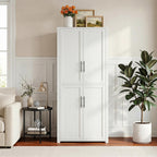 67" Kitchen Pantry Cabinet, 28"W Storage Cabinet for Kitchen, Living Room | 67" x 28" x 15" size, 4 adjustable shelves, engineered wood, anti-tip compatible, Shaker doors, White