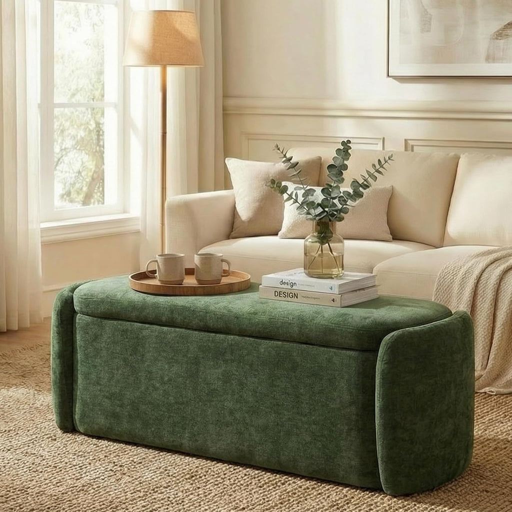 VKNOW Storage Bench, Upholstered Storage Ottoman Bench with Hinge, Green | Ottoman Bench with Large Capacity, Curved Frame, Soft Fabric, Storage Bench for Bedroom, Living Room, Entryway, Window