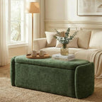 VKNOW Storage Bench, Upholstered Storage Ottoman Bench with Hinge, Green | Ottoman Bench with Large Capacity, Curved Frame, Soft Fabric, Storage Bench for Bedroom, Living Room, Entryway, Window