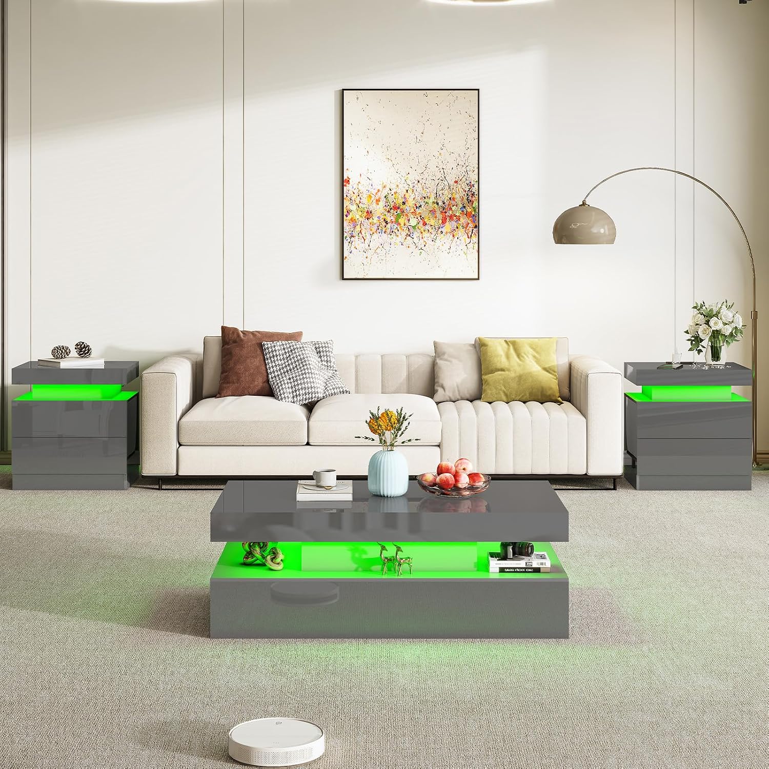 AMERLIFE 3-Piece High Gloss Coffee Table Set with LED Lights