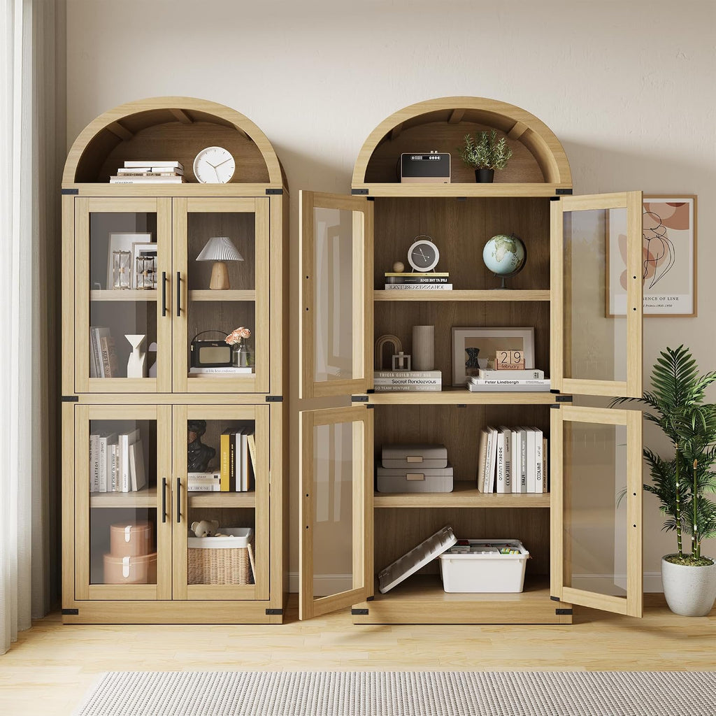 GAOMON 72" Tall Arched Kitchen Pantry Cabinet, Modern Farmhouse Arched Storage Cabinet with Glass Doors, Versatile Cupboard for Kitchen, Dining Room, Living Room, Office and Bathroom, Natural