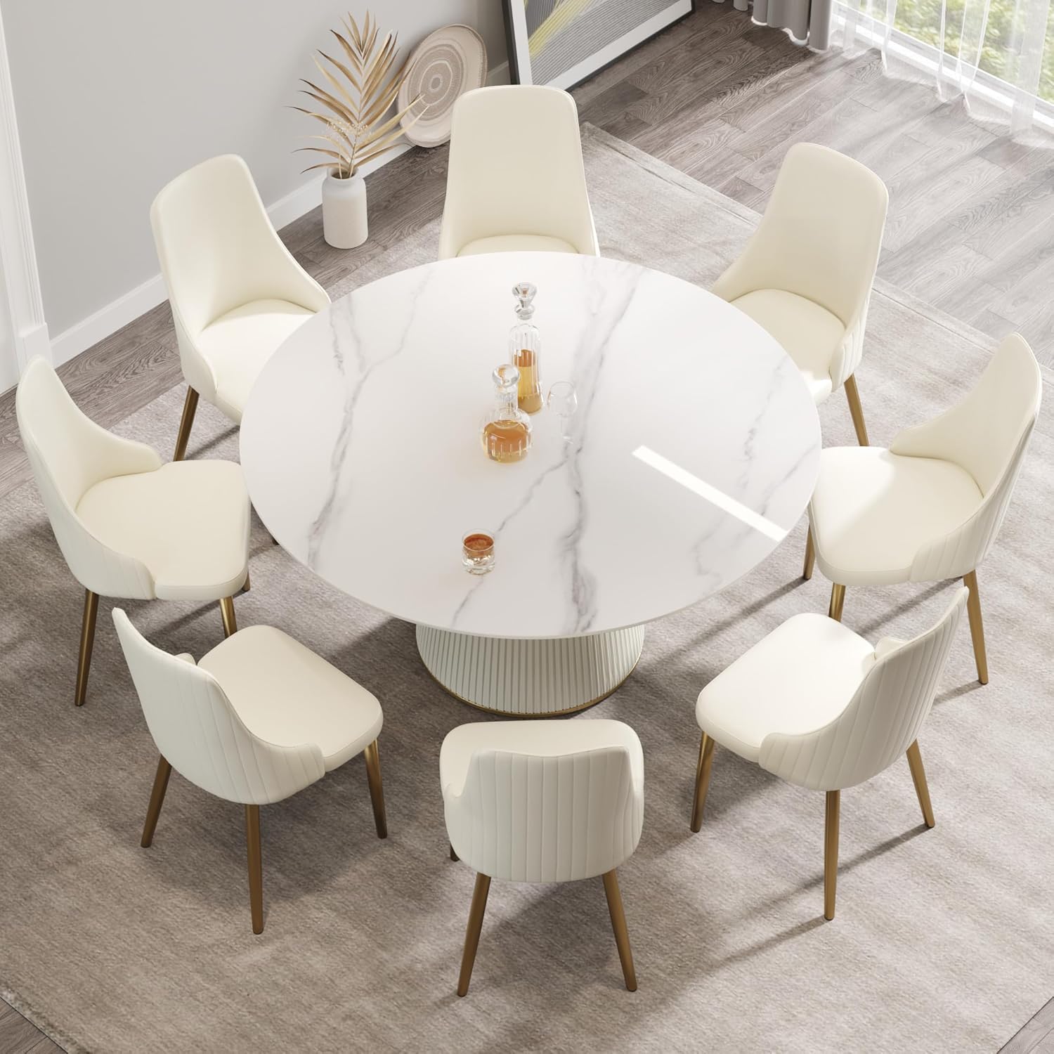 7-Piece Round Dining Table Set, 59" Faux Marble Kitchen Table Set for 6, Modern Dinner Room Table & Beige Wood Base for Kitchen, 6 PU Upholstered Chairs