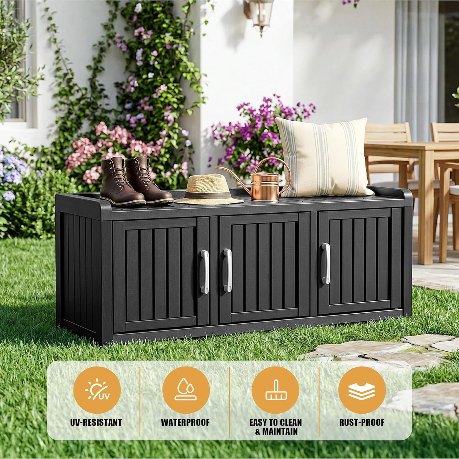 EFU Shoe Bench with Storage, Shoe Cabinet Indoor Outdoor with Adjustable Shelves, Waterproof Shoe Organizer with 3 Doors for Entryway, Bedroom, Living Room (Black)