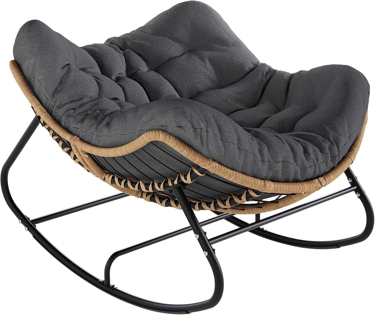 SWITTE Papasan Rocking Chair, Outdoor Wicker Egg Rocker with Cushion, Grey | Comfy Oversized Reading Chair, Cozy 30°-Rock Bed with 6" Cushion, Steel Frame 450LBS Capacity for Patio Porch Lawn