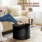 Leather Ottoman,Handmade Stuffed Square Ottoman,Genuine Leather Pouf, Foot Rest Pouf,Comfortable Soft Seating for Living Room & Bedroom (Black, Round)